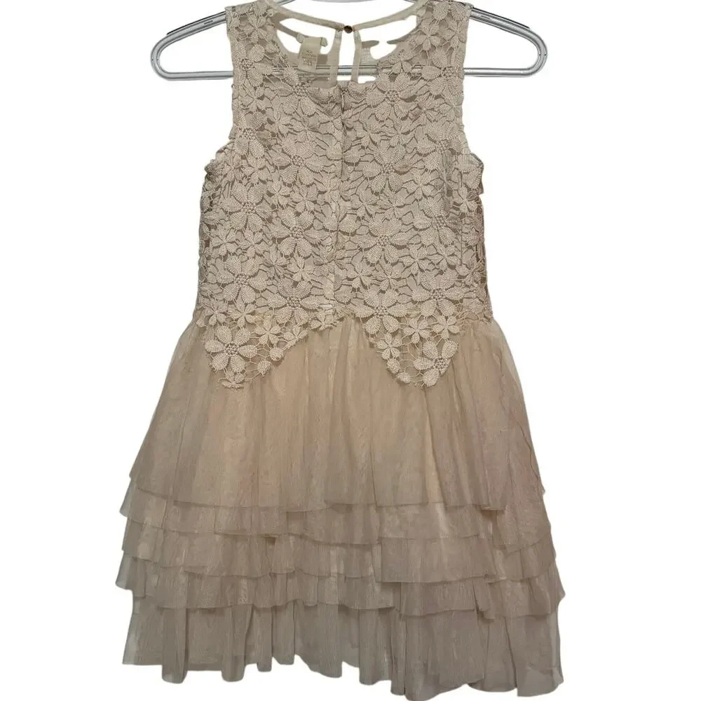Forever 21 Girl's Beige Floral Crochet Top Tiered Ruffled Tulle Dress Size L